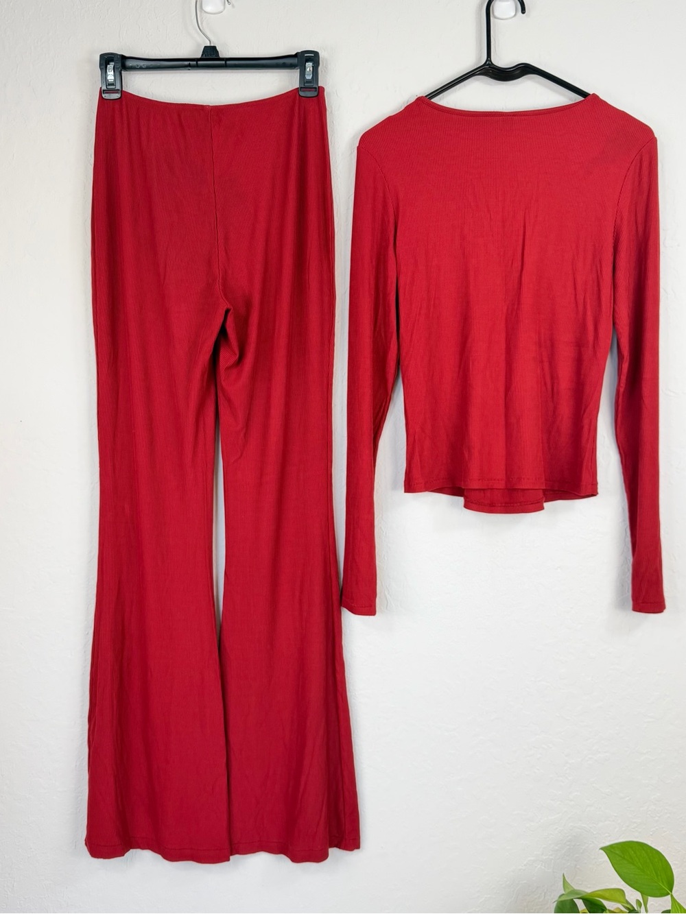Skims Set Sz L Tie Front Top & Flared Leg Pants Ribbed Stretch Modal Loungewear - Picture 2 of 14